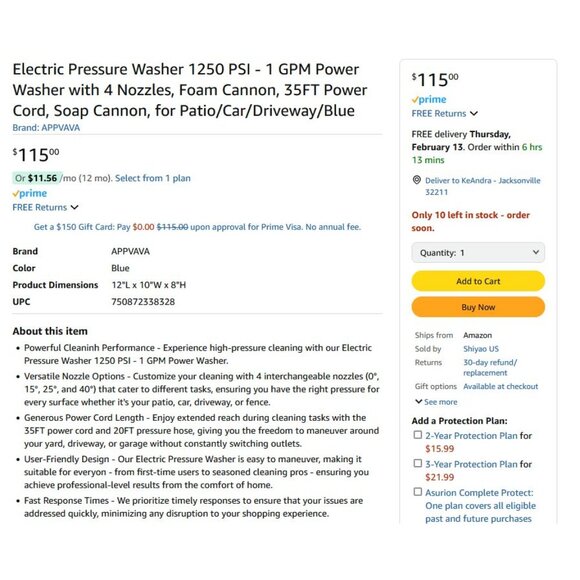 1250 PSI Electric Pressure Washer w/ 4 Nozzles, Foam Cannon, 35ft Cord - Picture 3 of 6